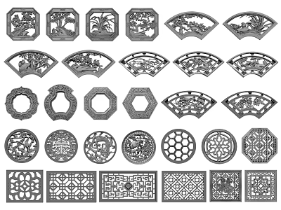 Traditional Carved Lattice Windows With Various Shapes And Intricate Ornate Patterns 3d model