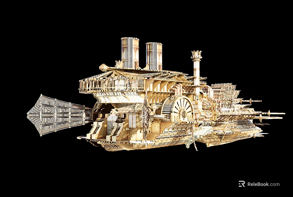Steampunk Style Wooden Model Ship With Two Chimneys Intricate Mechanical Structures And Spiked Bow 3d model 