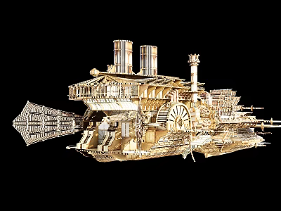 Steampunk Style Wooden Model Ship With Two Chimneys Intricate Mechanical Structures And Spiked Bow 3d model