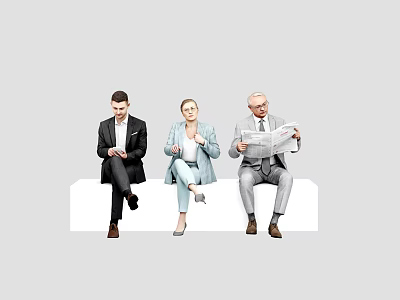 Three People Sitting On White Bench Using Smartphone Tablet And Reading Newspaper 3d model