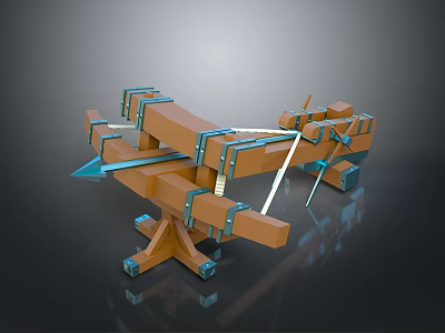 Intricate Medieval Weapon With Brown Wooden Frame And Blue Metallic Support Legs 3d model