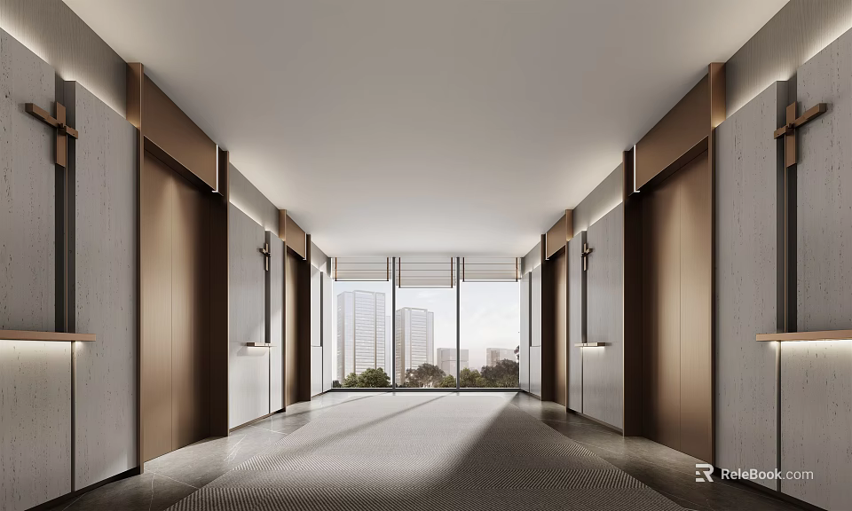 Modern Elevator Lobby Design With Sleek Doors Lighting And Spacious City View Windows 3d model