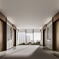 Modern Elevator Lobby Design With Sleek Doors Lighting And Spacious City View Windows 3d model