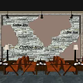 Cozy Cafe Interior With Decorative Brick Wall Coffee Line Text Orange Armchairs And Wooden Bookshelves