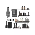 Modern Bathroom Accessories Organized on Shelves With Towels Toiletries and Dispensers