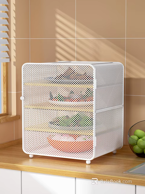 White Mesh Storage Rack with Layered Fresh Food Vegetables and Green Apples 3d model 