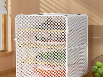 White Mesh Storage Rack with Layered Fresh Food Vegetables and Green Apples 3d model