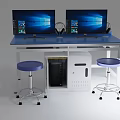 School Computer Lab Setup With Blue Desk Dual Monitors Headphones And Stools 3d model