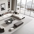 Modern L Shaped Sofa Coffee Table Set With Black Table Cushions And Mountain View Windows 3d model