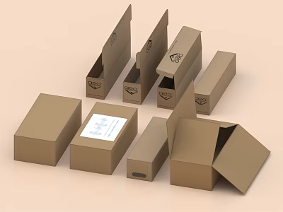 Brown Cardboard Boxes In Various Sizes With Open And Closed States For Packaging 3d model