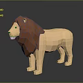 Low Poly 3D Lion Sculpture With Brown Mane Beige Body Standing Reflection Design
