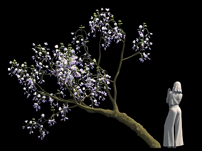 Blooming Tree With Purple White Flowers And Standing White Statue Figure 3d model