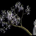 Blooming Tree With Purple White Flowers And Standing White Statue Figure