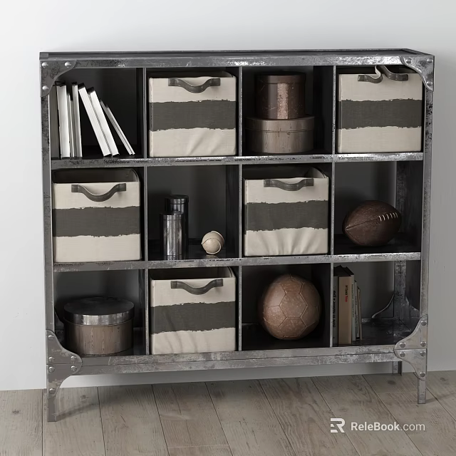 Modern Metal Storage Shelf With Striped Fabric Baskets Metal Canisters Football And Books 3d model 