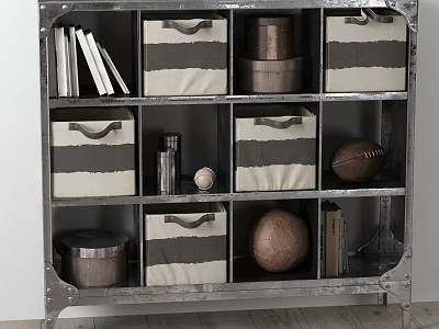 Modern Metal Storage Shelf With Striped Fabric Baskets Metal Canisters Football And Books 3d model