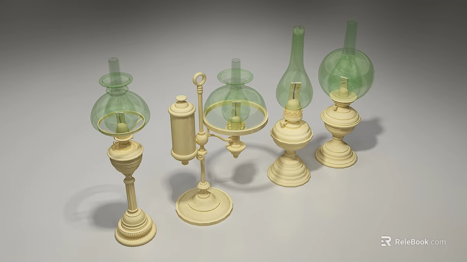Industrial Equipment Vintage Style Lamps With Green Glass Shades And Ivory Bases 3d model 
