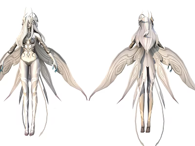 Ethereal Silver White Winged Game Movie Character With Long Hair And Flowing Dress 3d model