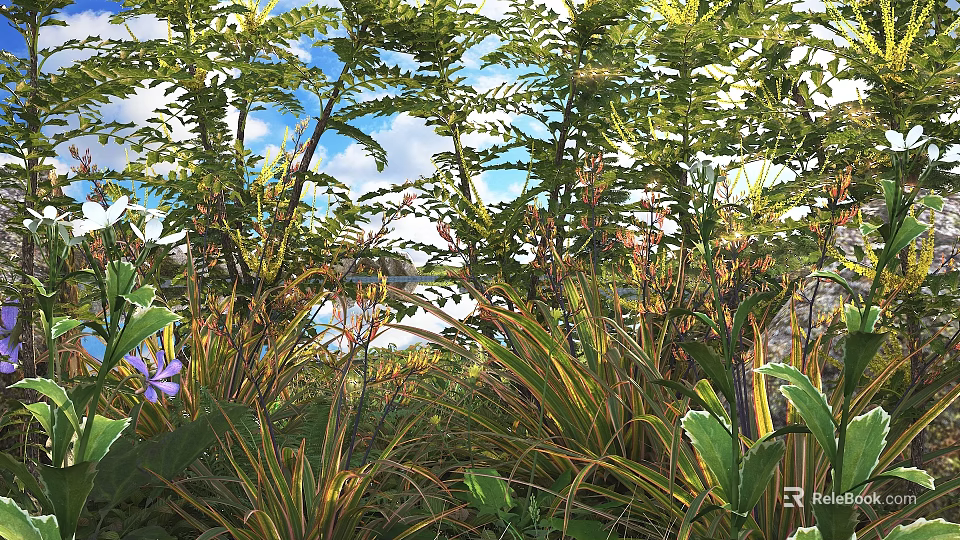 Shrubs With Lush Ferns And Purple Flowers In Sunlit Blue Sky Garden Scene 3d model 