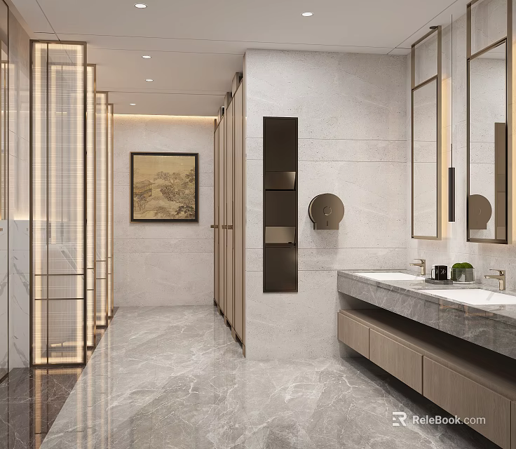 Elegant Modern Public Restroom Interior With Marble Sink Counter And Mirrors 3d model 