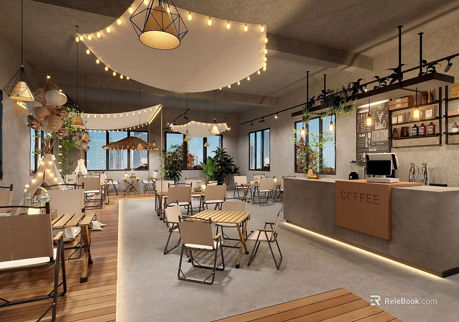 Café Interior Design With Hanging Lights Green Plants Wooden Tables Chairs Counter And Large Windows 3d model 