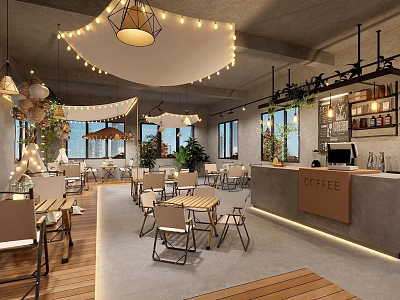 Café Interior Design With Hanging Lights Green Plants Wooden Tables Chairs Counter And Large Windows 3d model
