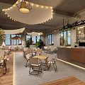 Café Interior Design With Hanging Lights Green Plants Wooden Tables Chairs Counter And Large Windows