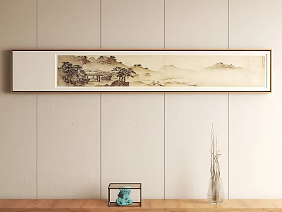 Traditional Chinese Landscape Painting With Mountains Trees And Water On Light Wall 3d model