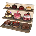 Assorted Delicious Cakes Displayed On Three Tiered Wooden Stand With Chocolate Icing And Fresh Fruits