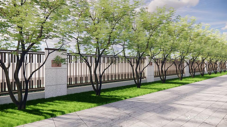 Modern Building Exterior Wall With Stone Columns Metal Railings Green Trees Lawn And Stone Pavement 3d model 