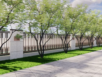 Modern Building Exterior Wall With Stone Columns Metal Railings Green Trees Lawn And Stone Pavement 3d model