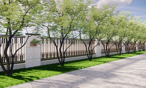 Wall, sidewalk, pedestrian road, trees, plants 3d model