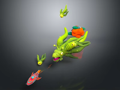Green Fantasy Game Movie Character with Orange Accents Small Yellow Companions and Red Fish 3d model