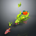 Green Fantasy Game Movie Character with Orange Accents Small Yellow Companions and Red Fish 3d model