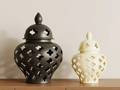 Decorative Black And Cream Vases With Cutout Patterns On Wooden Tabletop Against Light Wall 3d model