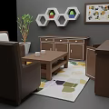Cozy Living Room Interior With Brown Sofas Colorful Geometric Rug Coffee Table Bookshelf Decorative Paintings