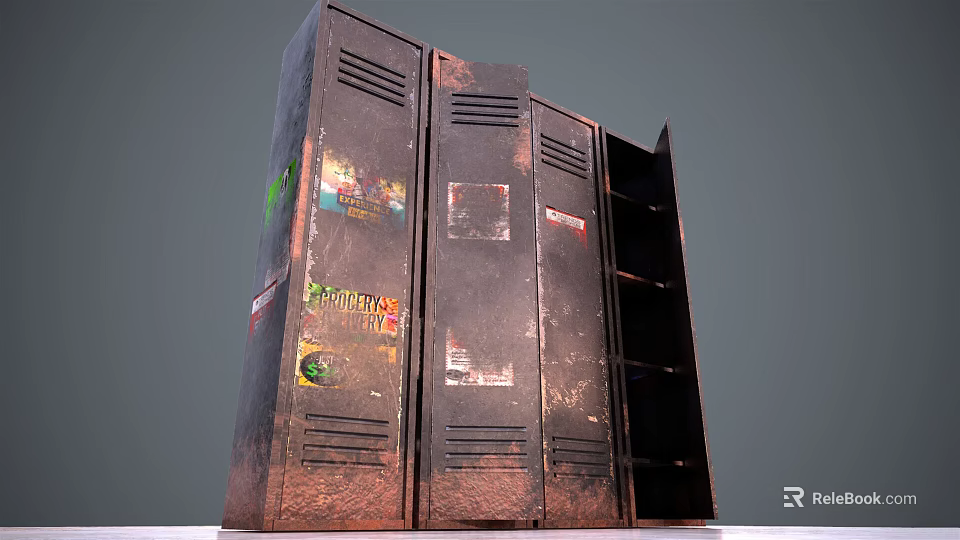 Rusty Metal Lockers With Colorful Stickers Graffiti And Open Compartments 3d model 