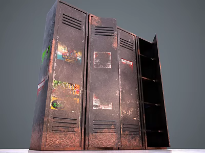 Rusty Metal Lockers With Colorful Stickers Graffiti And Open Compartments 3d model