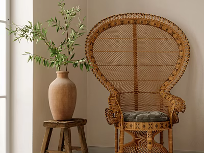 Rattan Leisure Chair With Woven Backrest Gray Cushion And Potted Plant In Indoor Space 3d model