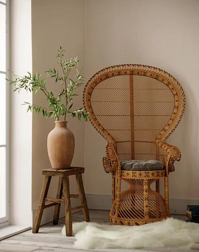 Rattan Leisure Chair With Woven Backrest Gray Cushion And Potted Plant In Indoor Space 3d model