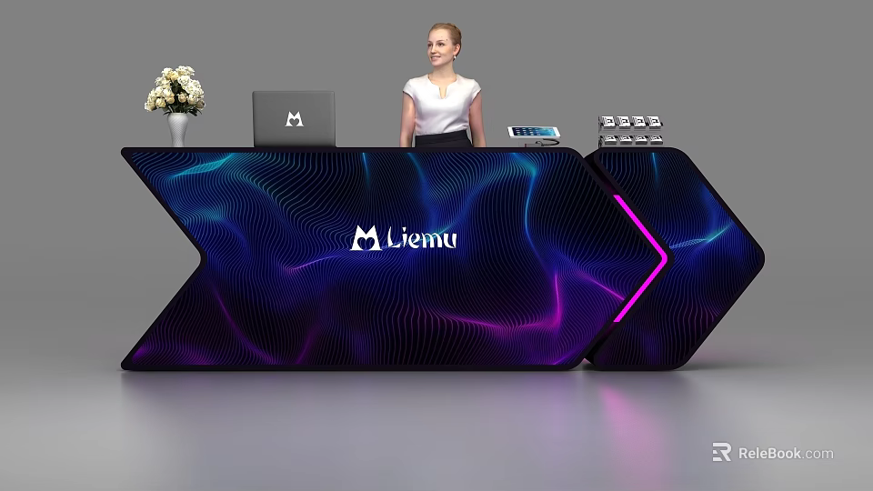 Modern Liemu Reception Desk With Wave Pattern Blue Purple Lighting Laptop And Flower Vase 3d model 