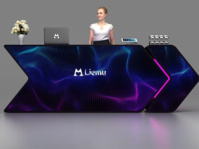 Modern Liemu Reception Desk With Wave Pattern Blue Purple Lighting Laptop And Flower Vase 3d model