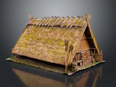 Traditional Thatched House with Triangular Moss Covered Roof Wooden Walls Wood Stack and Carved Figure 3d model