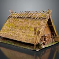 Traditional Thatched House with Triangular Moss Covered Roof Wooden Walls Wood Stack and Carved Figure