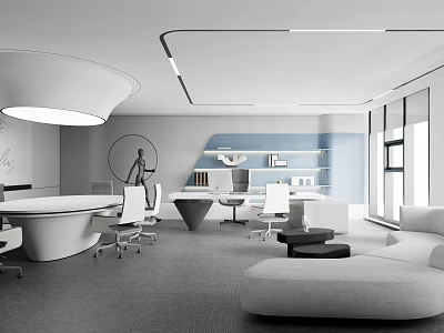 Modern Bright Office Interior Design With Round Meeting Table Ergonomic Chairs Sofa And Large Windows 3d model