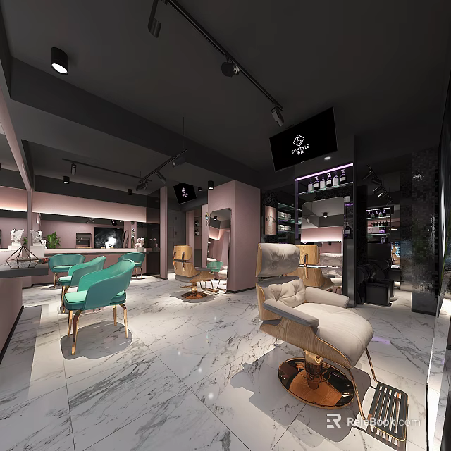 Modern Beauty Hair Salon Interior With Turquoise And Beige Chairs Marble Floor And Stylish Mirrors 3d model 