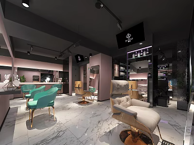 Modern Beauty Hair Salon Interior With Turquoise And Beige Chairs Marble Floor And Stylish Mirrors 3d model