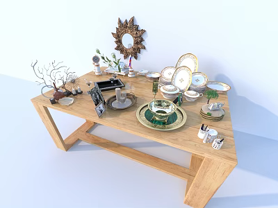Tableware Set Display On Wooden Table With Plates Cups Bowls Mirror And Decorative Plants 3d model