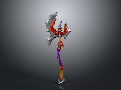 Fantasy Axe Weapon With Purple Handle Red Silver Blade And Spiked Design 3d model