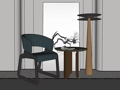 Modern Dark Blue Lounge Chair With Round Side Table And Decorative Branch In Minimalist Interior 3d model