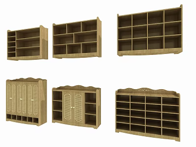 Wooden Wardrobe Collection Featuring Different Styles With Open Shelves And Closed Doors 3d model